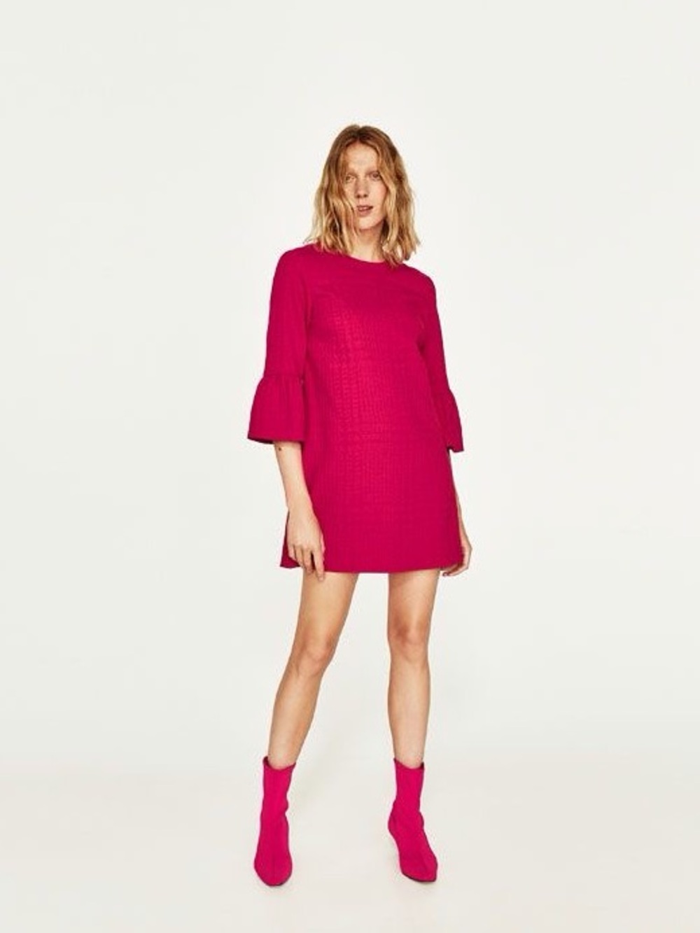 Zara Pink Fuchsia Shift Crewneck Dress with Bell Sleeves